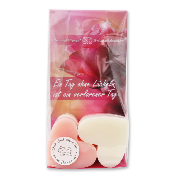 Sheep milk soap heart 4x23g in a cellophane bag "Ein Tag ohne Lächeln, ist ein verlorener Tag", Classic/Peony 