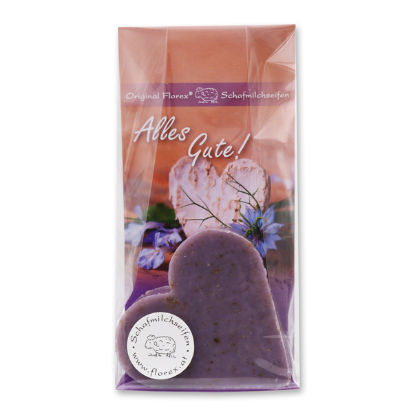 Sheep milk soap heart 85g in a cellophane bag "Alles Gute", Lavender 