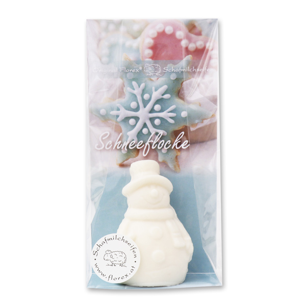 Sheep milk soap snowman 40g in a cellophane bag "Schneeflocke", Christmas Rose White 