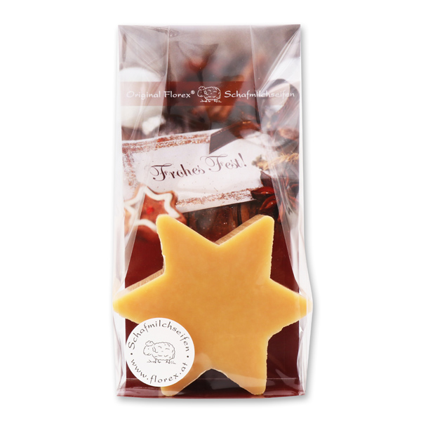 Schafmilchseife Stern 80g in Cello "Frohes Fest", Zirbe 