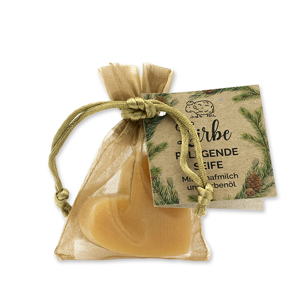 Sheep milk soap heart 23g in organza bag "feel-good time", Swiss pine 