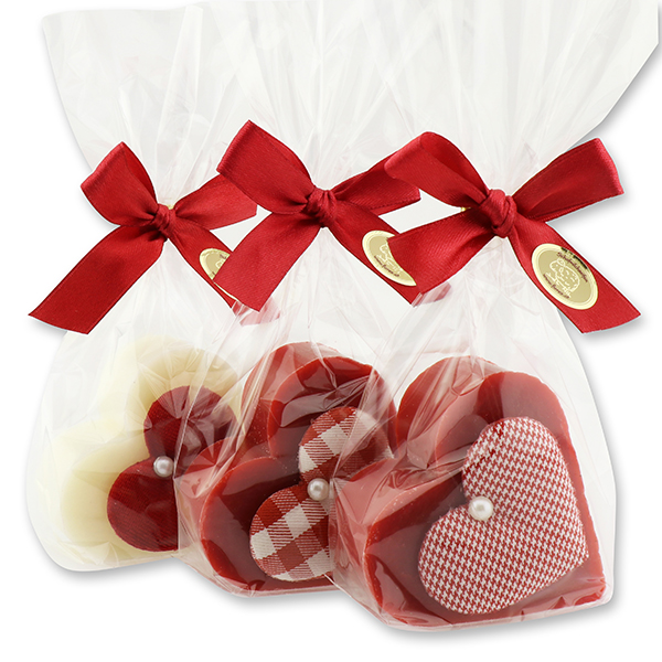 Sheep milk soap heart 85g, decorated with a fabric heart in a cellophane, Classic/pomegranate 