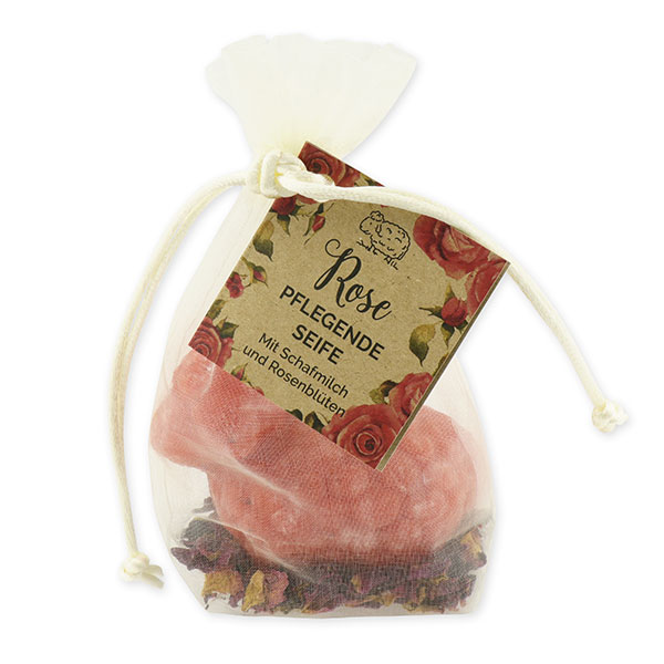 Schafmilchseife Schaf Lina 75g mit Rosenblüten im Organzasackerl "Wohlfühlzeit", Rose mit Blüten 