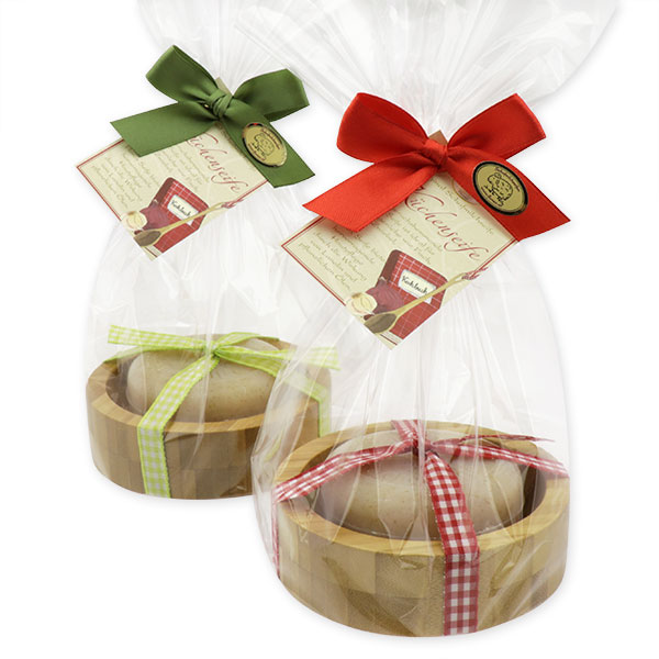 Sheep milk soap round 100g on a soap dish decorated with a ribbon in a cellophane, Kitchen soap 