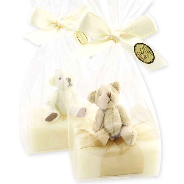 Schafmilchseife eckig 100g, dekoriert mit Teddy in Cello, Classic 