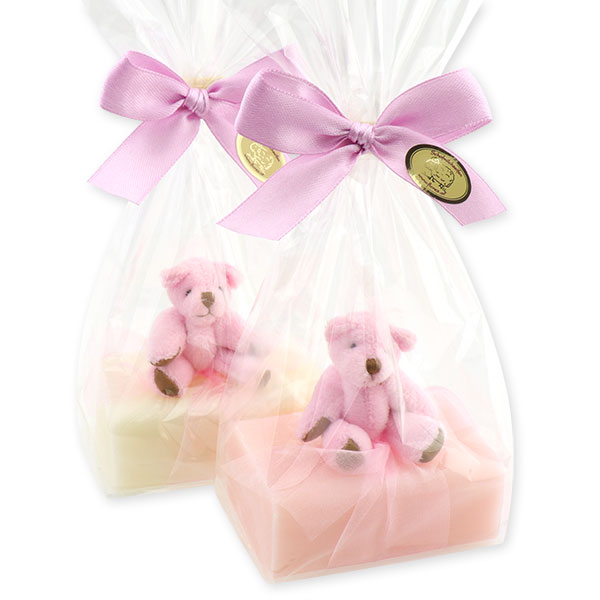 Sheep millk soap 100g, decorated with a teddy bear in a cellophane, Classic/peony 