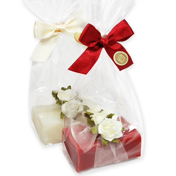 Sheep milk soap 100g, decorated with roses in a cellophane, Classic/pomegranate 