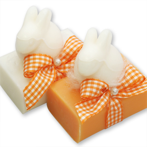 Schafmilchseife eckig 100g dekoriert mit Seife Hase 40g, Classic/Orange 