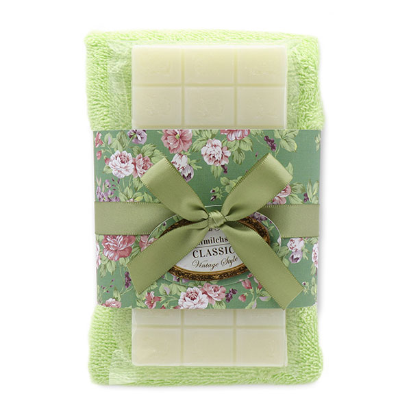 Schafmilchseife 100g und Gästehandtuch 30x50cm grün "Vintage-Motiv 18", Classic 