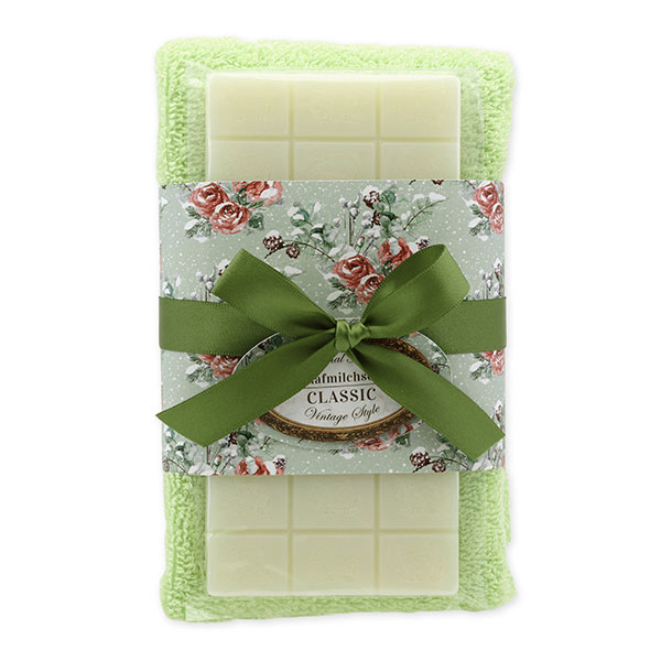 Schafmilchseife 100g und Gästehandtuch 30x50cm grün "Vintage-Motiv 217", Classic 