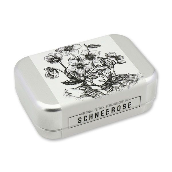Sheep milk soap square 100g in a can "Schneerose", Christmas rose 