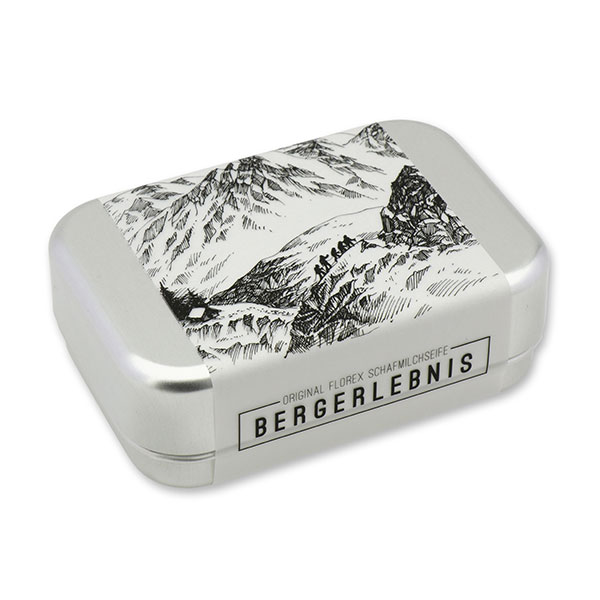 Schafmilchseife eckig 100g verpackt in der Dose "Bergerlebnis", Schneerose 