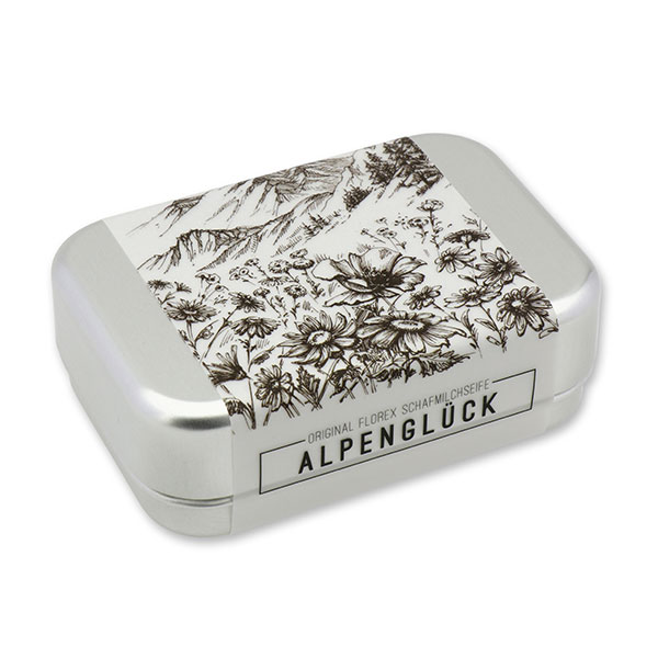 Schafmilchseife eckig 100g verpackt in der Dose "Alpenglück", Edelweiß 