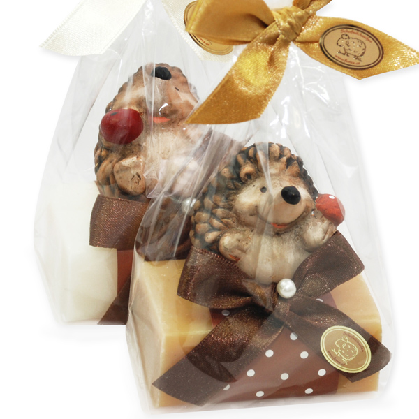 Schafmilchseife eckig 100g, dekoriert mit Igel in Cello, Classic/Quitte 