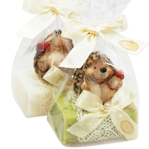 Sheep milk soap 100g, decorated with a hedgehog in a cellophane, Classic/verbena 