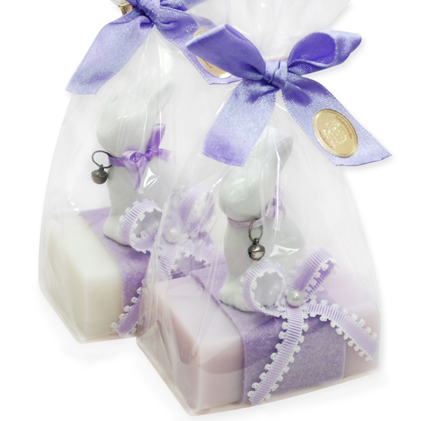 Schafmilchseife eckig 100g dekoriert mit Keramikhase in Cello, Classic/Flieder 
