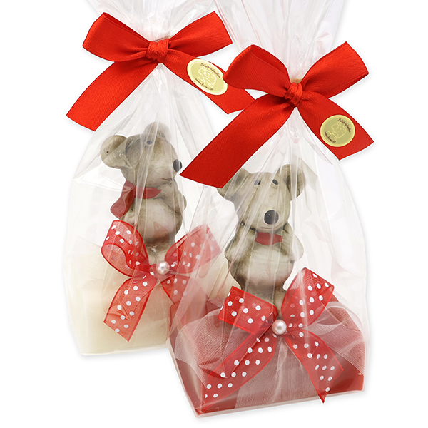 Sheep milk soap 100g, decorated with a mouse in a cellophane, Classic/pomegranate 