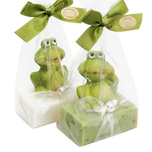 Schafmilchseife eckig 100g, dekoriert mit Frosch in Cello, Classic/Eisenkraut 