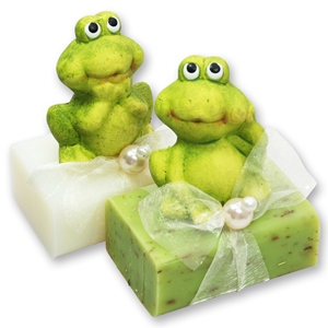 Schafmilchseife eckig 100g, dekoriert mit Frosch, Classic/Eisenkraut 