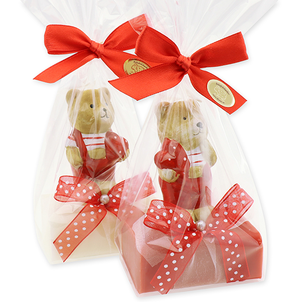 Sheep milk soap 100g, decorated with a bear in a cellophane, Classic/pomegranate 