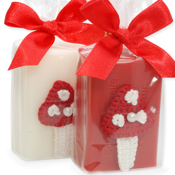 Sheep milk soap 100g, decorated with a crochet mushroom in a cellophane, Classic/pomegranate 