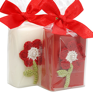 Sheep milk soap 100g, decorated with a crochet flower in a cellophane, Classic/pomegranate 
