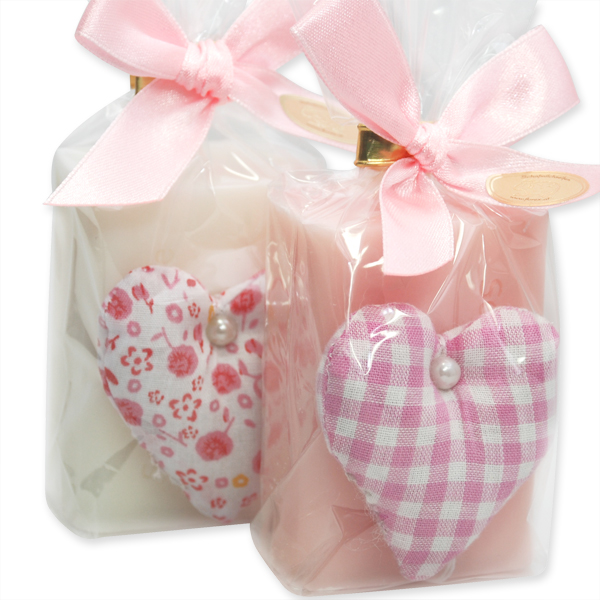 Sheep milk soap 100g, decorated with a heart made of fabric in a cellophane, Classic/peony 