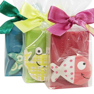 Sheep milk soap 100g, decorated with wooden sea-animals in a cellophane, sorted 