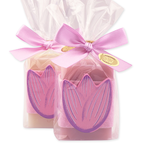 Sheep milk soap 100g, decorated with a tulip in a cellophane, classic/magnolia 
