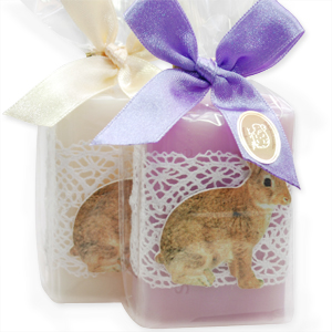 Sheep milk soap 100g decorated with a rabbit in a cellophane, Classic/lilac 