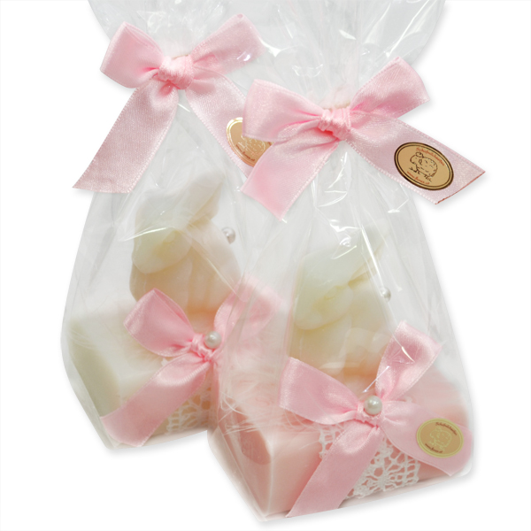 Schafmilchseife eckig 100g dekoriert mit Seife Zwerghase 40g in Cello, Classic/Pfingstrose 