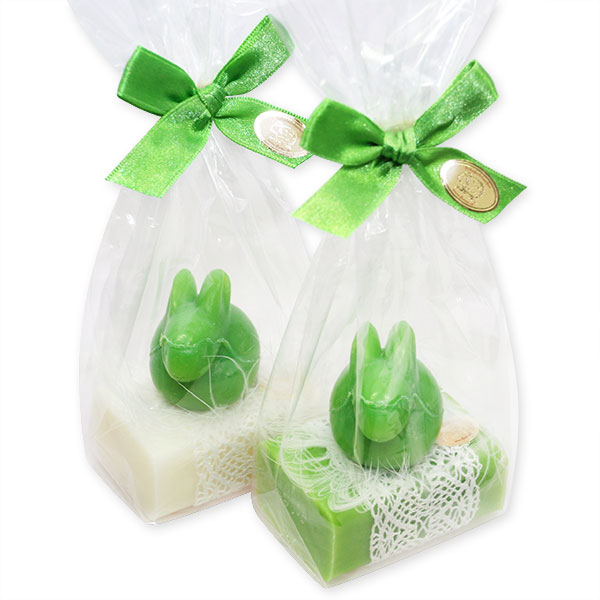 Schafmilchseife eckig 100g dekoriert mit Seife Hase 40g in Cello, Classic/Apfel 