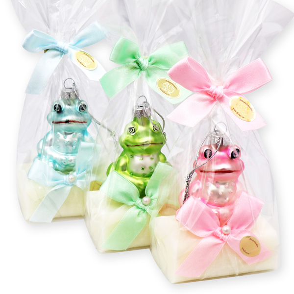 Sheep milk soap 100g decorated with a glass frog in a cellophane, Classic 