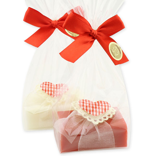 Sheep milk soap 100g, decorated with a heart in a cellophane, Classic/pomegranate 