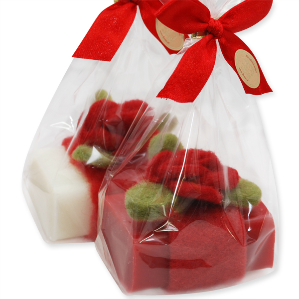 Sheep milk soap 100g, decorated with felt flower in a cellophane, Classic/pomegranate 