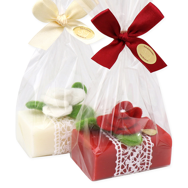 Sheep milk soap 100g, decorated with a felt flower in a cellophane, Classic/rose 