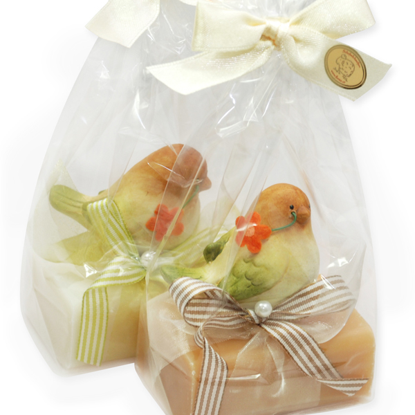 Sheep milk soap 100g, decorated with a bird in a cellophane, Classic/quince 