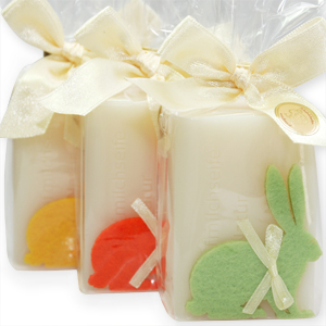 Schafmilchseife eckig 100g dekoriert mit Filzhase sortiert in Cello, Classic 