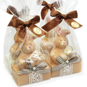 Schafmilchseife eckig 100g dekoriert mit Hase in Cello, Classic/Quitte 