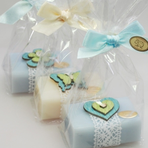 Sheep milk soap 100g, decorated with wooden motives in a cellophane, Classic/'forget-me-not' 