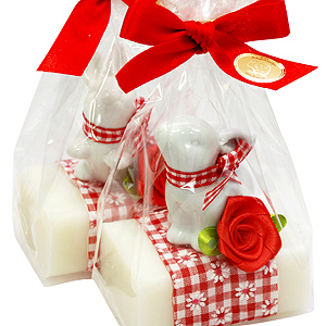 Schafmilchseife eckig 100g dekoriert mit Hase in Cello, Classic 