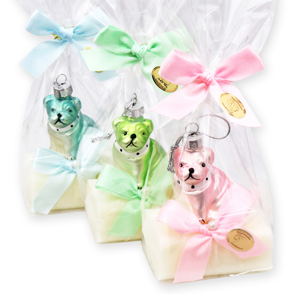 Sheep milk soap 100g decorated with a glass dog in a cellophane, Classic 