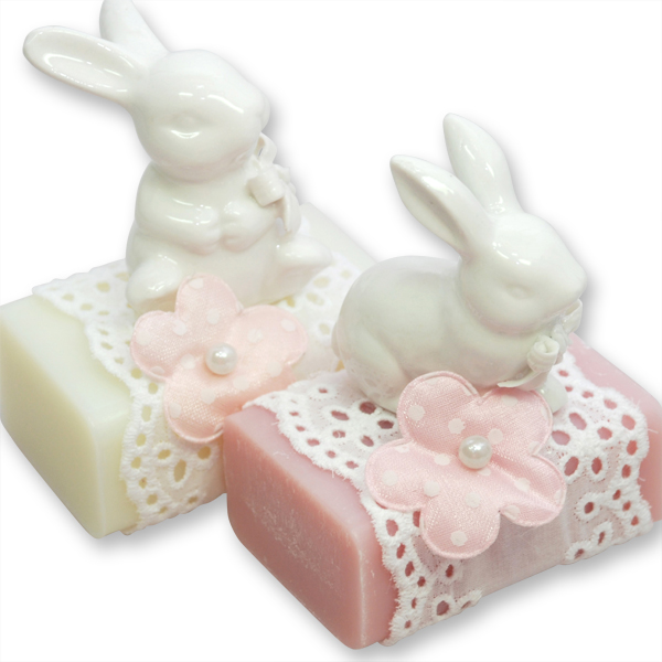 Sheep milk soap 100g, decorated with a white rabbit, Classic/magnolia 