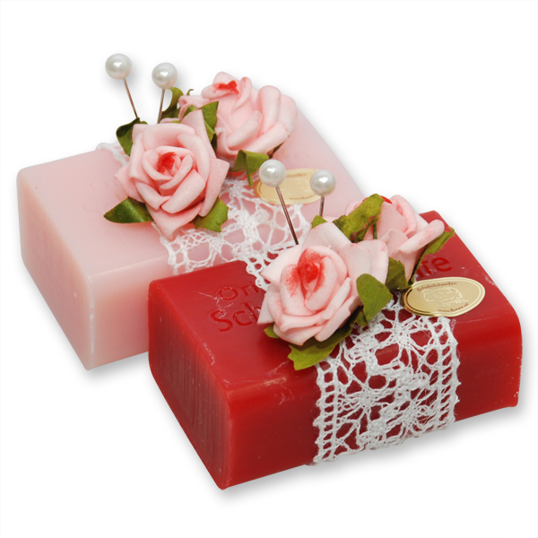 Schafmilchseife eckig 100g, dekoriert mit Rose, Rose/Pfingstrose 