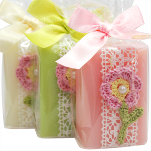 Sheep milk soap 100g, decorated with a crochet flower in a cellophane, sorted 