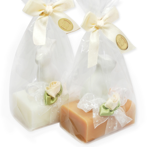 Schafmilchseife eckig 100g dekoriert mit Hase in Cello, Classic/Quitte 