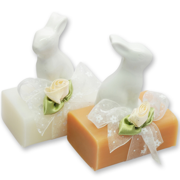 Schafmilchseife eckig 100g dekoriert mit Hase, Classic/Quitte 