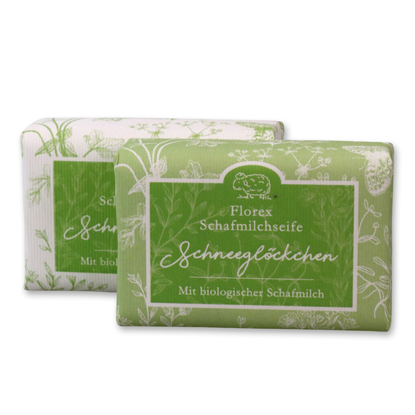 Schafmilchseife eckig 100g "Florentine" im gerillten Papier, Schneeglöckchen 