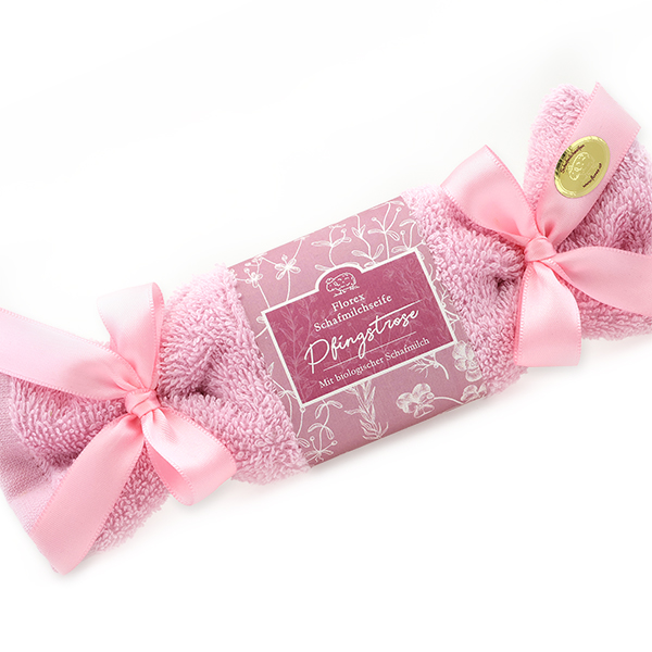 Schafmilchseife eckig 100g im Waschlappen "Florentine", Pfingstrose 