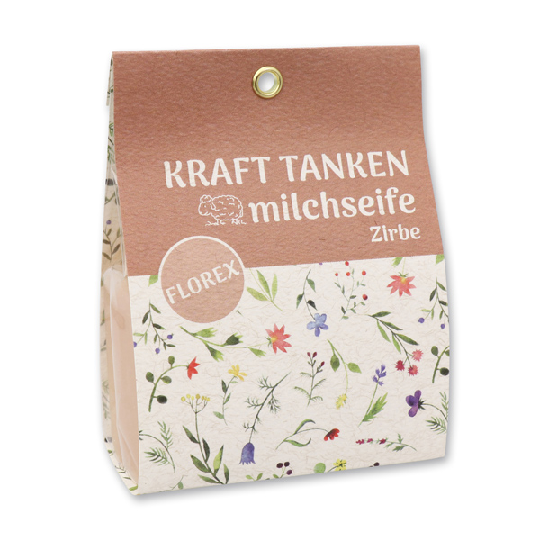 Schafmilchseife eckig 100g in Tasche "Kraft tanken", Zirbe 